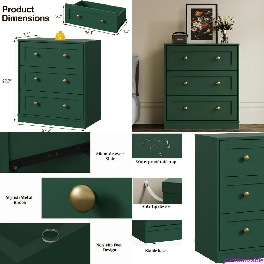 زوج من طاولات النوم الخشبية الكبيرة مع 3 أدراج، وطاولات جانبية حديثة تتميز بمقابض مستديرة ذهبية