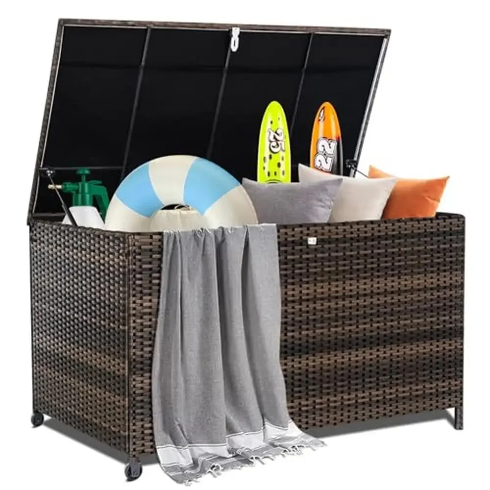 Outdoor Cushion Storage Box 120 Gallon Resin Wicker Deck Patio Garden Furniture Waterproof Lockable Lid Wheels Chic Design