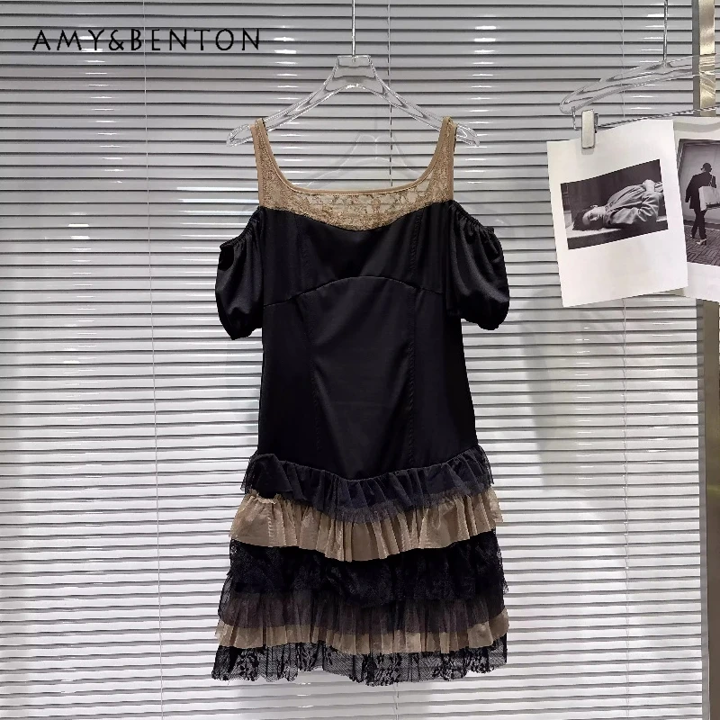 

2026 Summer New Women's Clothing Retro Design Sweet Spicy Fashion Lace Shoulder Strap Multi-layer Bubble Sleeve Dress Ladies