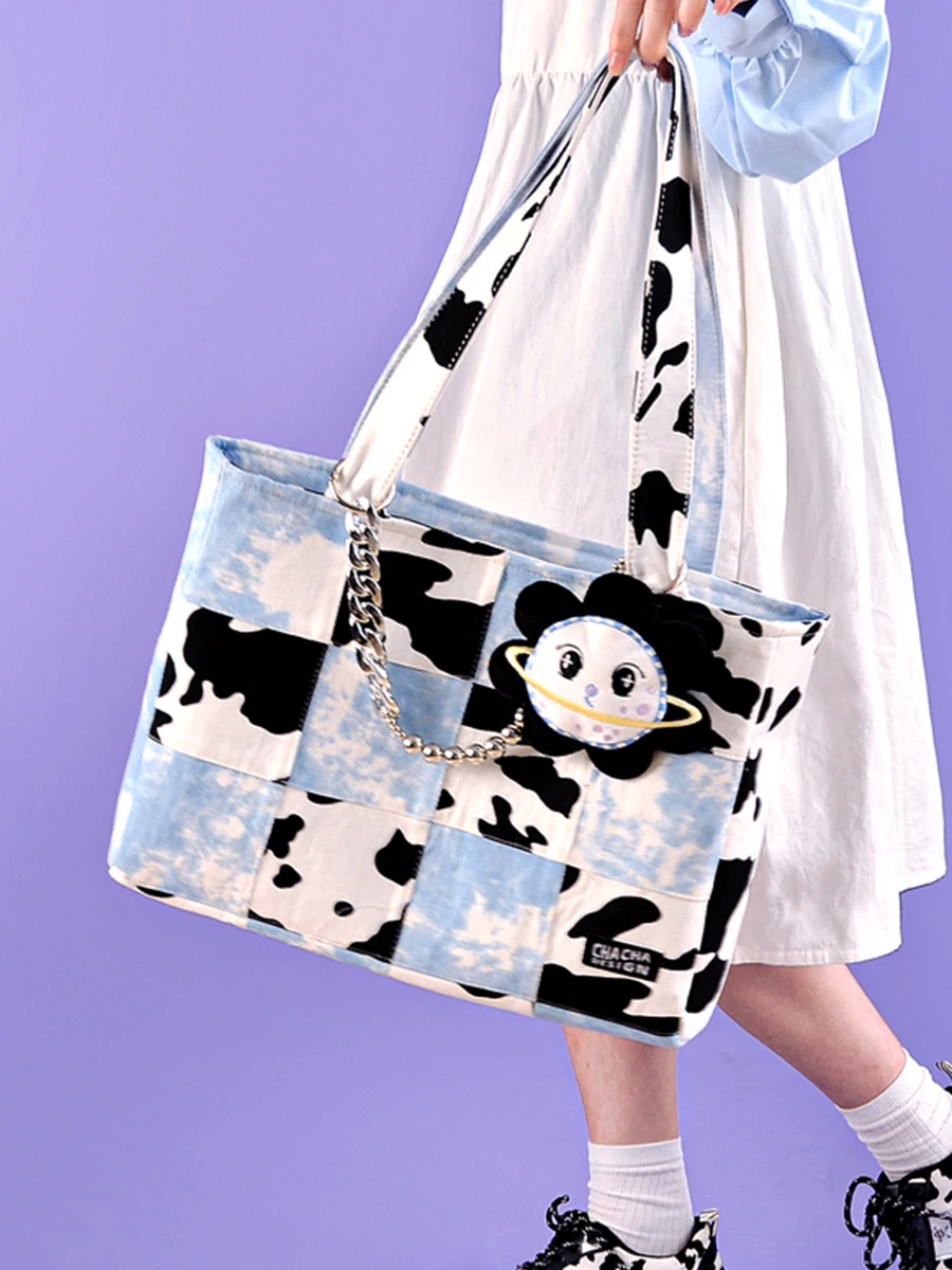 Large Capacity Canvas Tote Bag Tea Tea Original Milk Cow Pattern for Female University Students Class Commuting Computer Bag