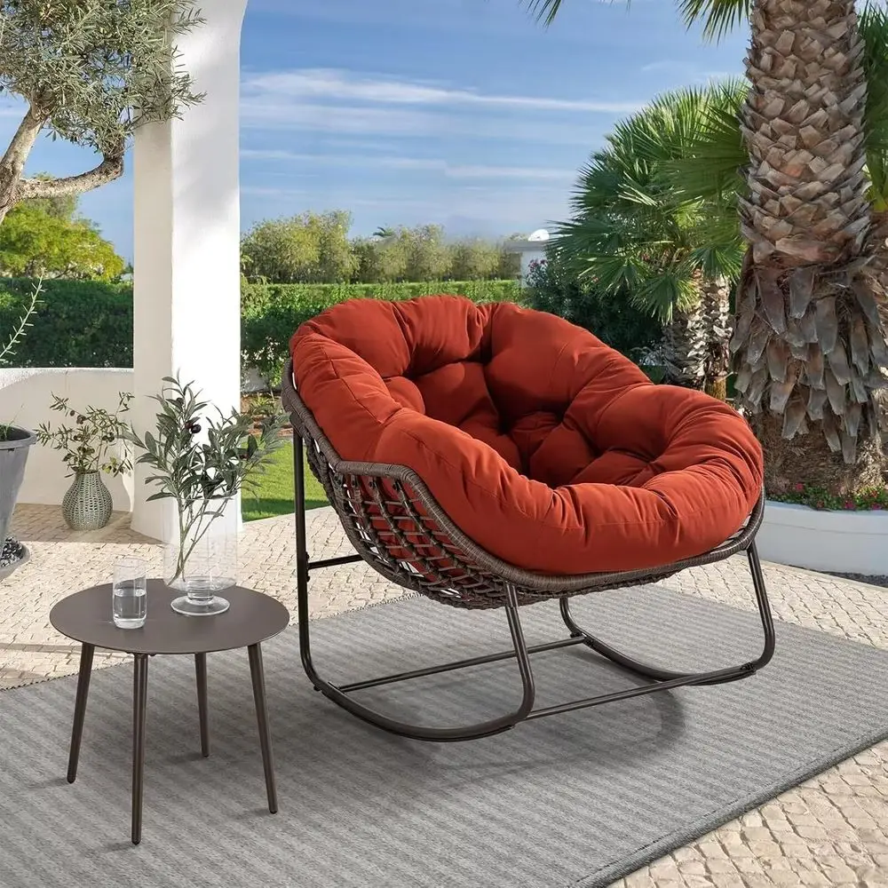 

Oversized Outdoor Wicker Egg Rocking Chair with Cushion for Patio, Garden, and Backyard in Orange