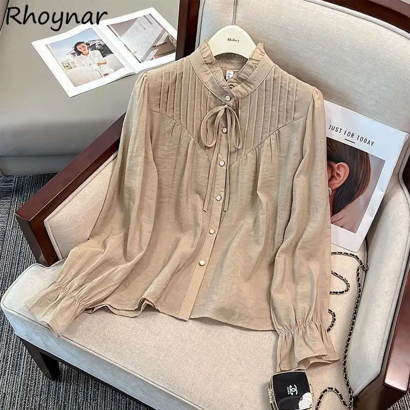 Women Blouses Drawstring Solid Single Breasted Half High Collar Elegant French Style Office Lady Feminine Casual Sweet Popular