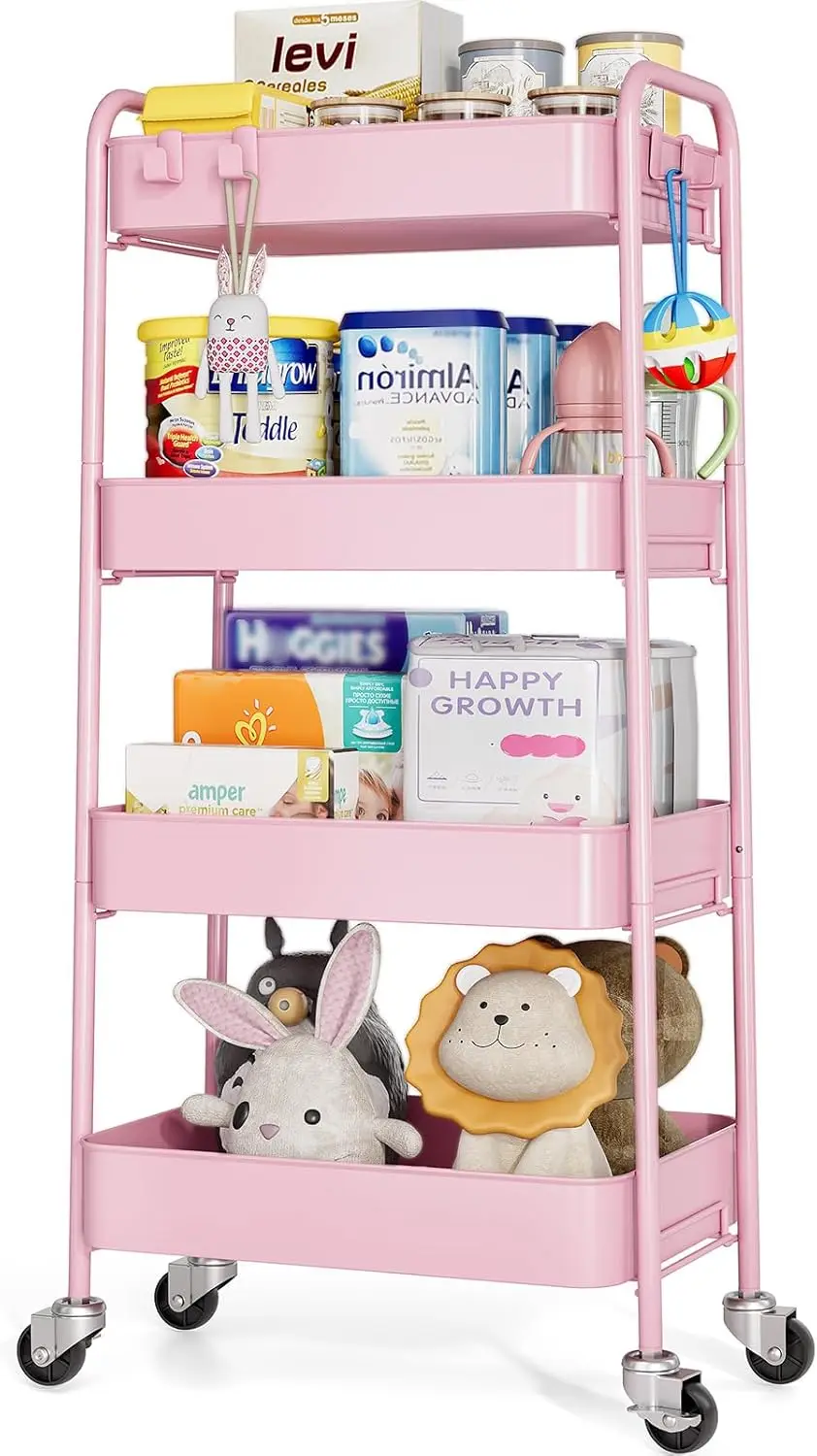 

4-уровневая тележка на колесах с блокируемыми колесами, нагрузка 44 фунта на полку, сборка без инструментов, для кухни, ванной, офиса