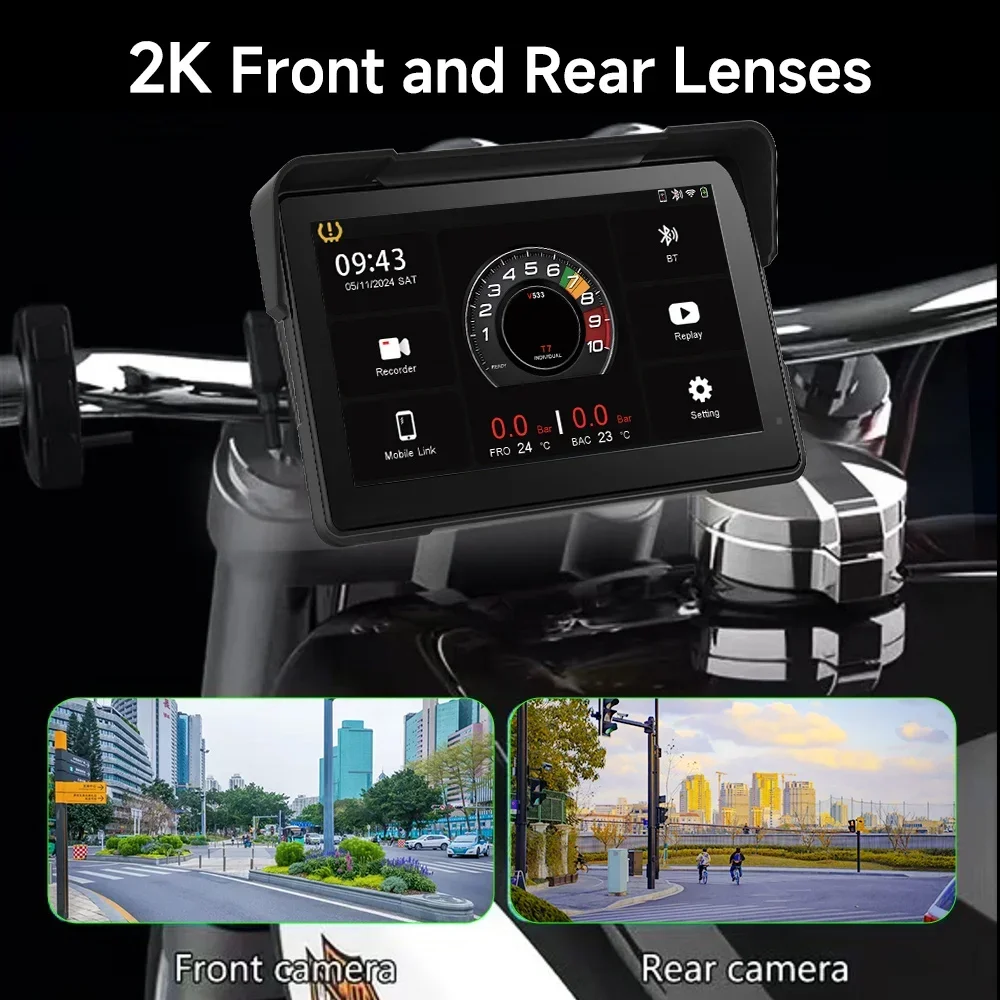 5 inch 2K HD Motorcycle DVR Navigation GPS Wireless CarPlay Android Auto Airplay Display Screen IPX8 Portable Multimedia Player
