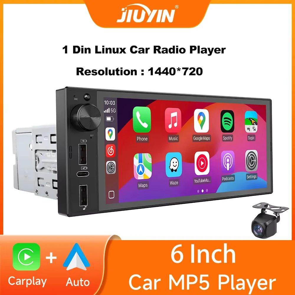 6 Inch 1Din Android 13 Carplay Auto Car Radio Multimedia Video MP5 Player IPS Touch Screen No DVD Bluetooth Universal Stereo