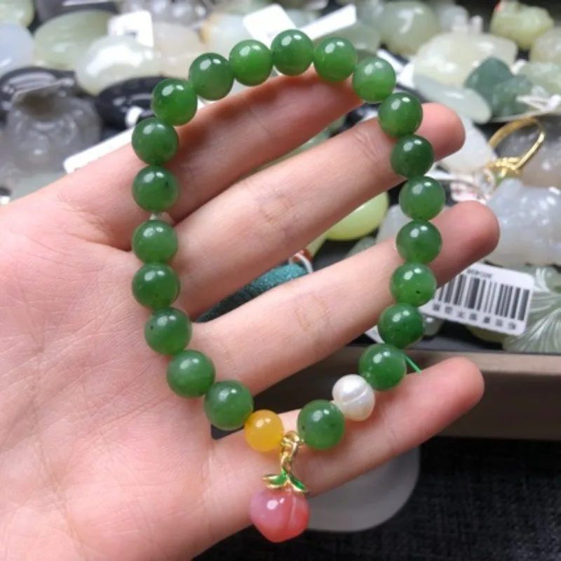 

Natural Hetian Jasper Round Bead Jade Bracelet Temperament Simple Bracelet