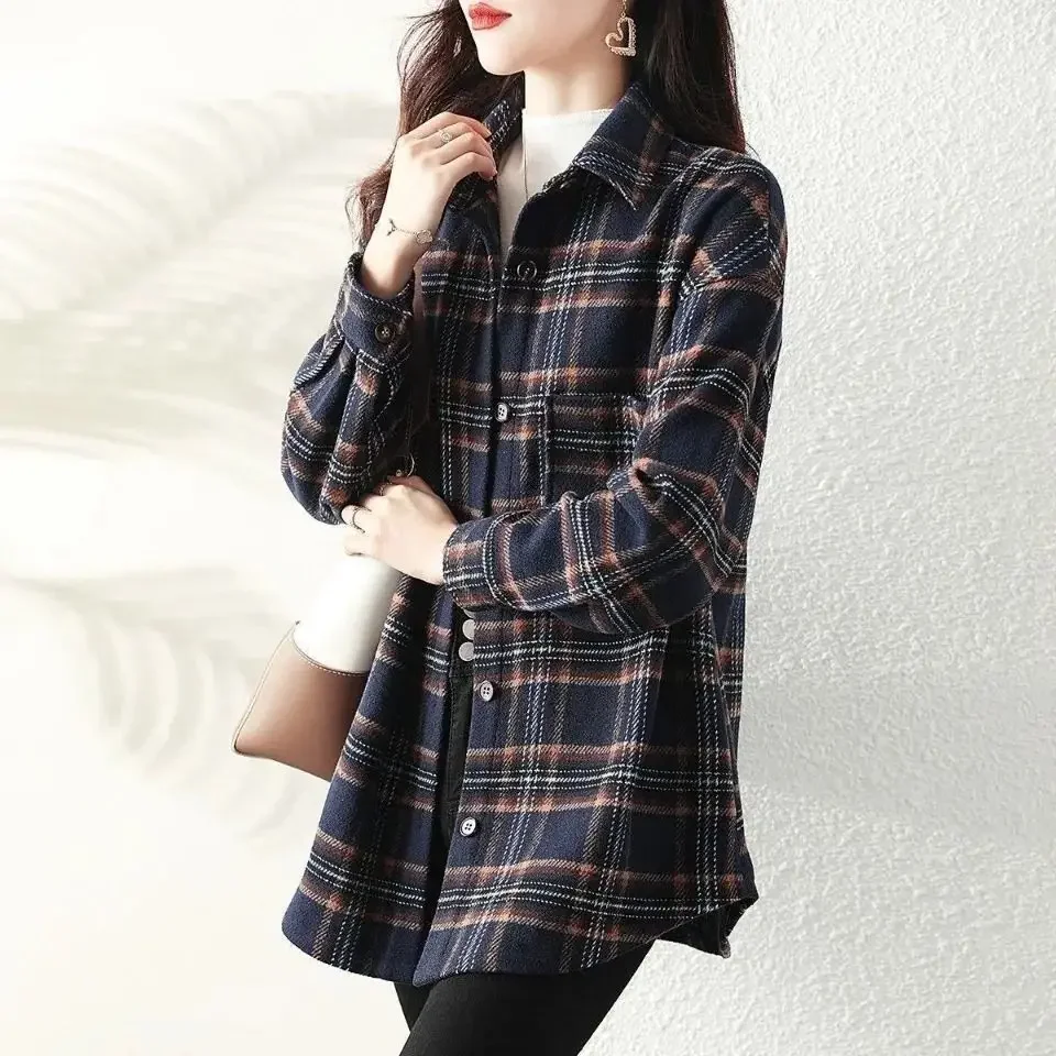 Casual Commuting Plaid Shirt for Women\'s Spring Autumn New Long Sleeved Korean Version Loose Matte Medium Length Trendy Coat Top