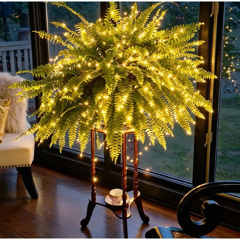 Large Lighted Artificial Boston Fern Uv Resistant No Watering Fade‑resistant Hanging Plant Home Garden Yard Courtyard Decoration