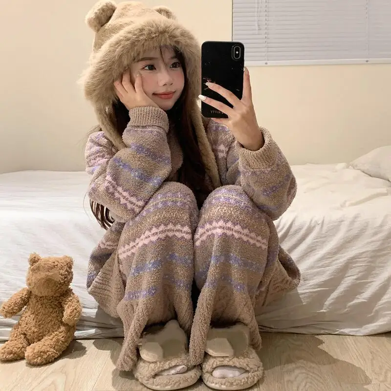 

Пижамы в полоску для девочек в стиле ретро на флисовой подкладке, утолщенный коралловый флис с принтом, женская домашняя одежда, сохраняющая тепло, домашняя одежда, осенне-зимний костюм