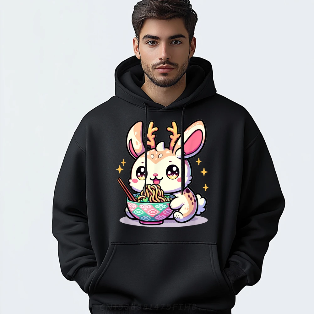 

Cute Japanese Kawaii Chibi Jackalope Eating Ramen White Hoodies Men SKIN-FRIENDLY Men's Oversize Long Sleeve Slogan