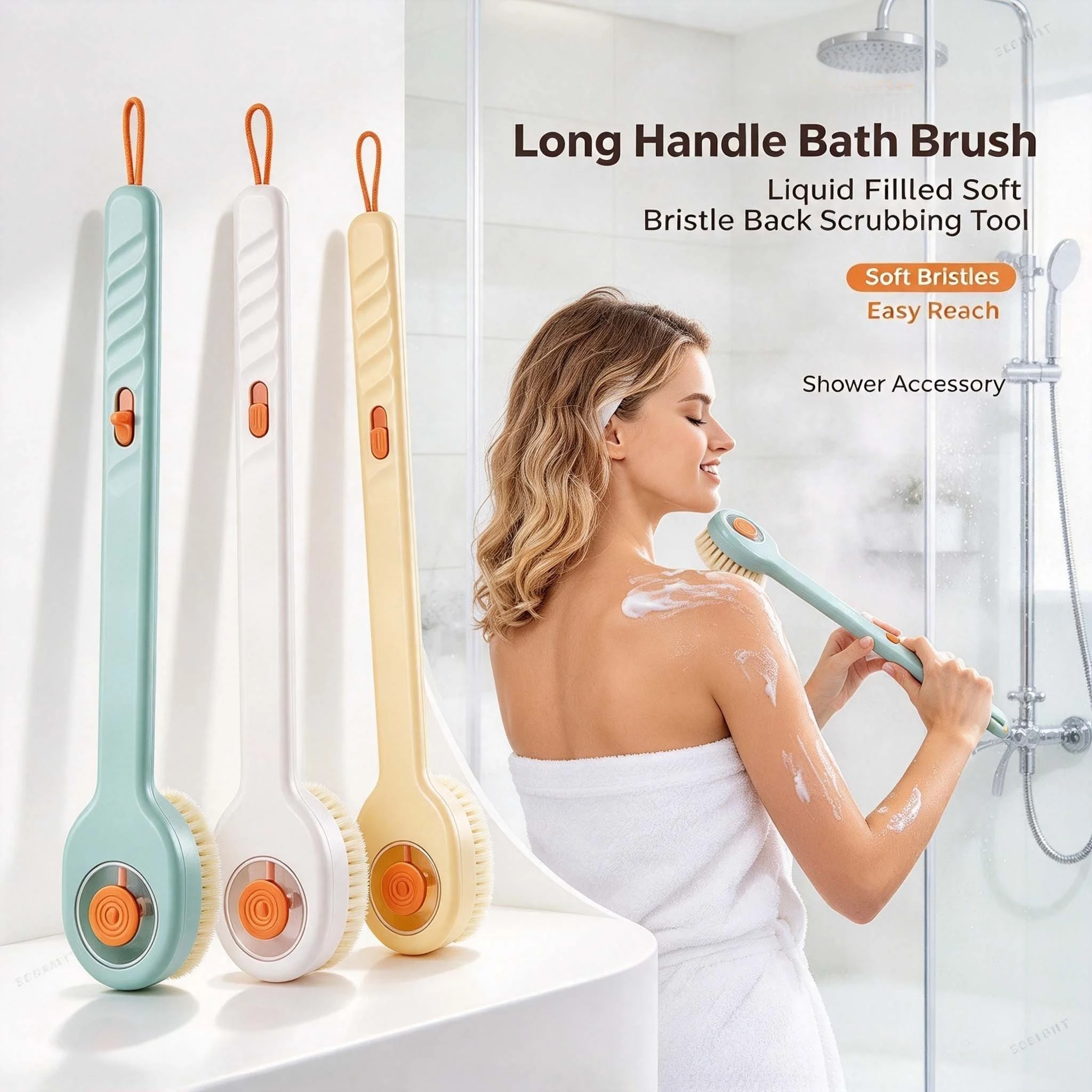 Premium Long Handle Back Scrubber Bath Brush Liquid Filled Soft Bristle Gentle Skin for Hair Body Deep Cleaning Bath Accessories
