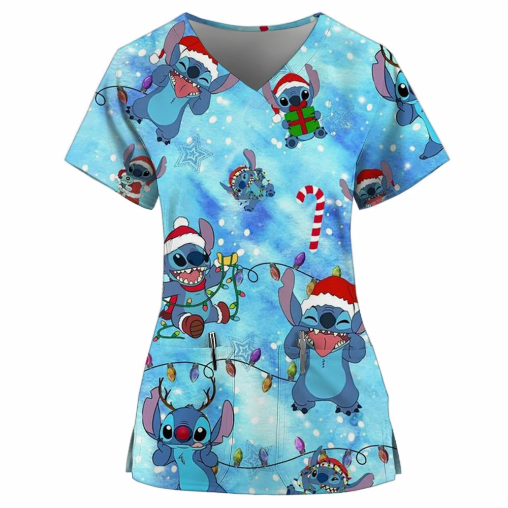 2024 Christmas Disney's Lilo&Stitch Printed Matte Top Female Dentist Work Clothes Nurse Matte Clothes Medical Staff