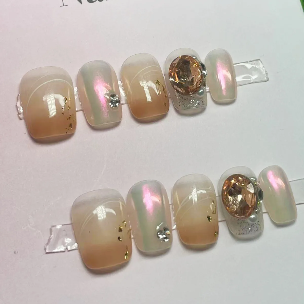 Gradiënt Bruin Blush Korte Vierkante Ronde Pure Handgemaakte Pers Op Nagels Verwijderbare Nail Art Meisjes Cadeau