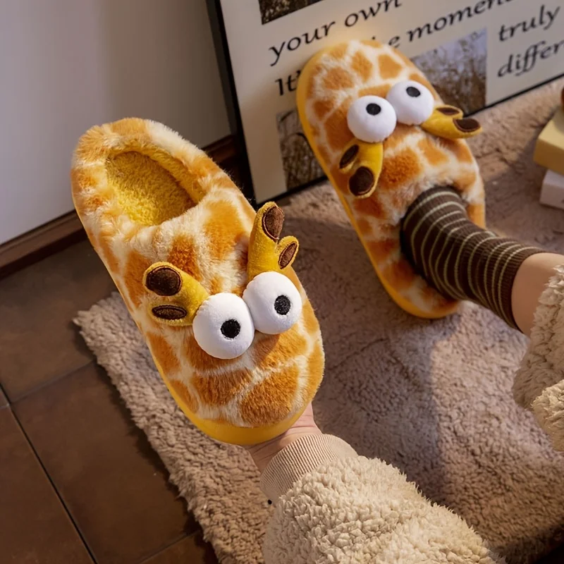 Winter Animal Plush Women Men Slippers Giraffe Soft Warm Fleece Lining Non Slip Indoor Shoes Big Eye Cartoon Bedroom Footwear