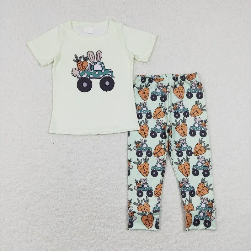 Easter Bunny Carrot Pattern Boys Outfits Wholesale Boutique Gray Short Sleeve Tops Long Pants Boys Spring Outfits