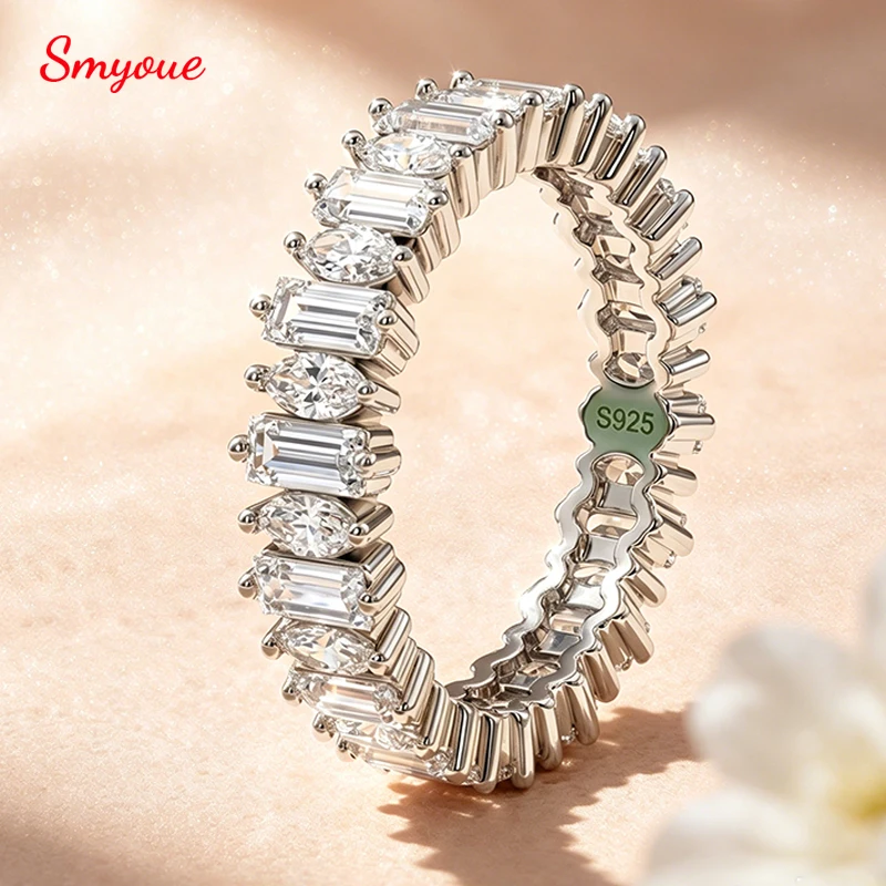 

Smyoue 18k Plated 2*4mm Full Moissanite Rings for Women Emerald Cut Full Eternity Band S925 Sterling Silver Pass Diamond Tester