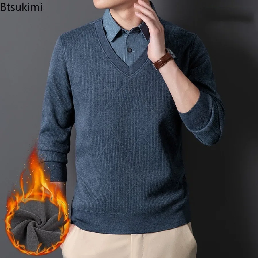 

2025 Men's Fleece Lining Sweater Autumn Winter Pullover Polo Shirt Collar Fake Two Piece Thick Warm Top Clothes Casual Knitwear