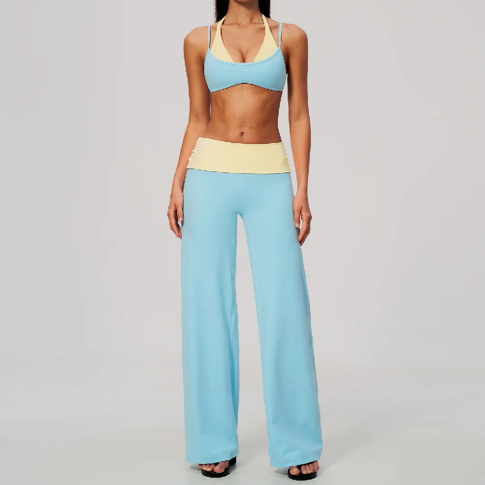 Contrast Color Fitness Suit 2PCS Women's Tracksuit Yoga Set Sport Outfits Gym Clothes Flared Pants Athletic Wear Workout Clothes