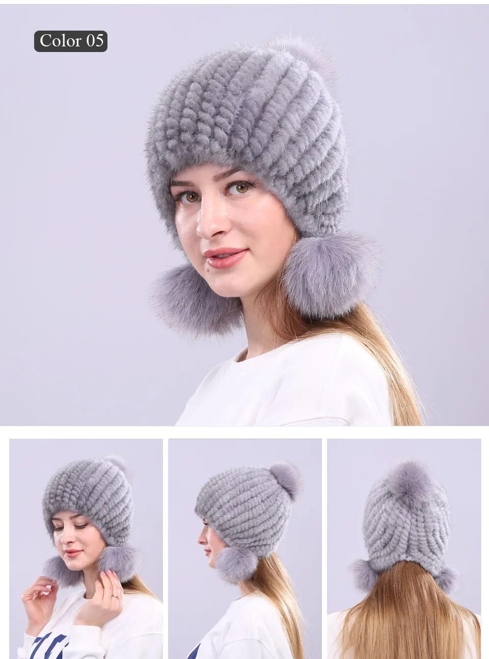 Echte Nerz Pelzmütze mit Fuchspelz Ball Ohrenschützer Schutzkappe Wintermütze für Frauen Russische Trapper Herbstmütze Beanie Herbstmütze – Detail 8