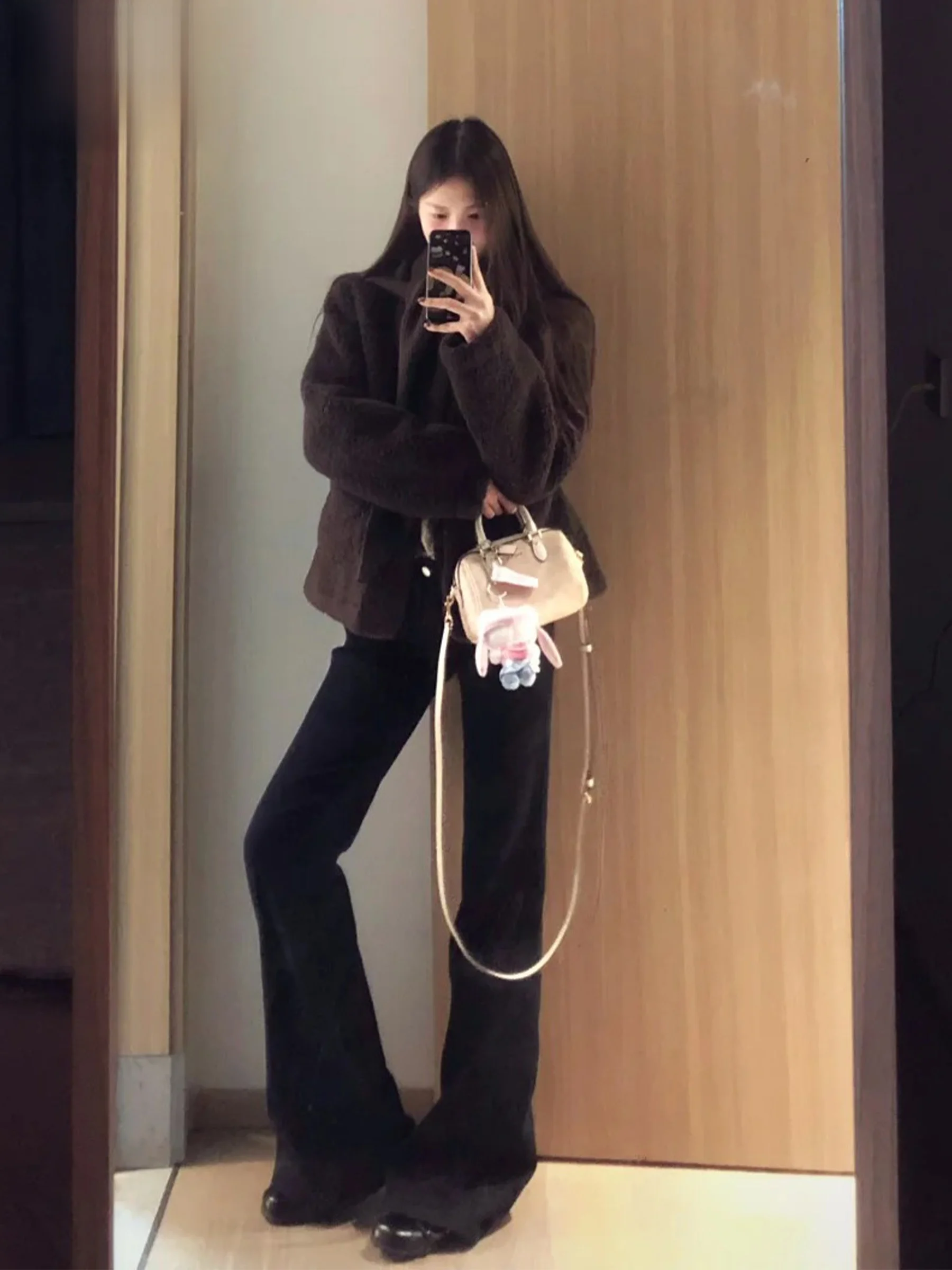 

Black Low Waist Fashion Fleece Lined Micro Flared Jeans Women's Thickened Slimming Summer Long Pants American Style Button Craft