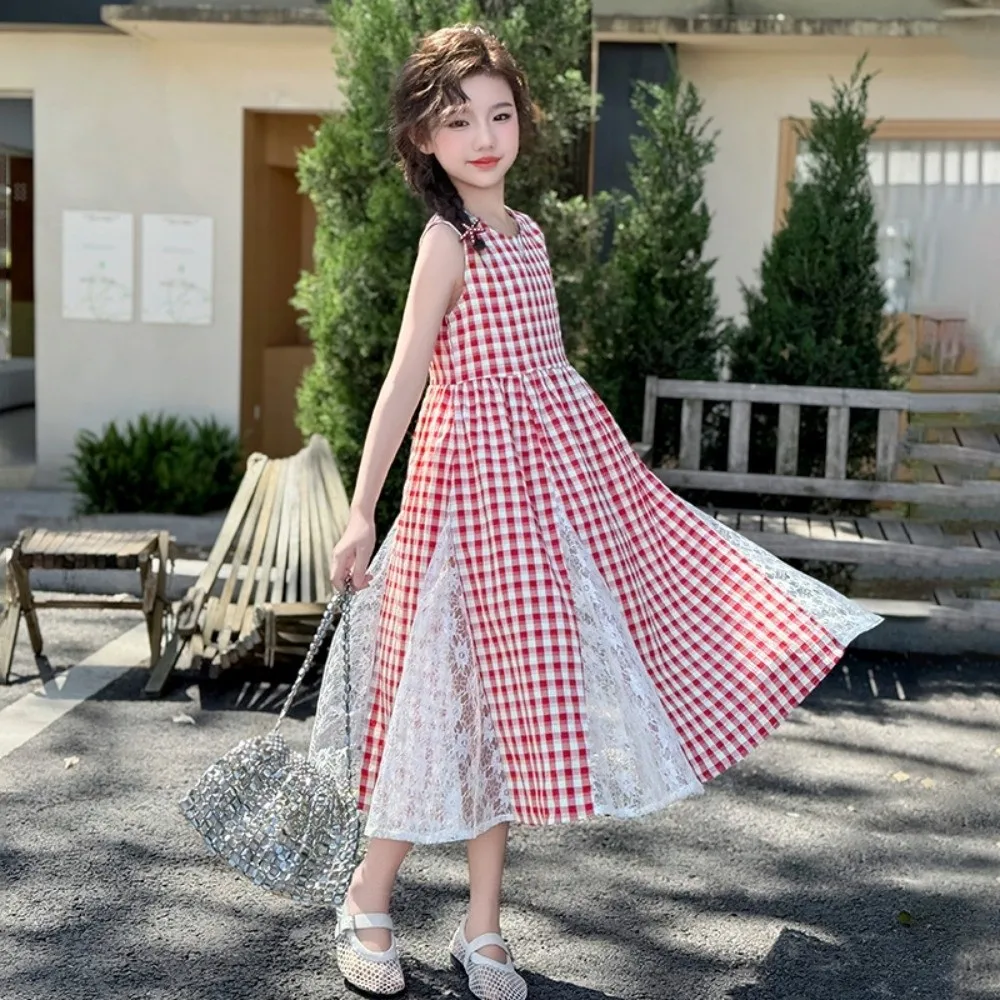 فستان منقوش برقبة دائرية للأطفال مع شبكة من الدانتيل وشبكة زهور فستان طويل بدون أكمام للفتيات تنورة مرقعة للسفر