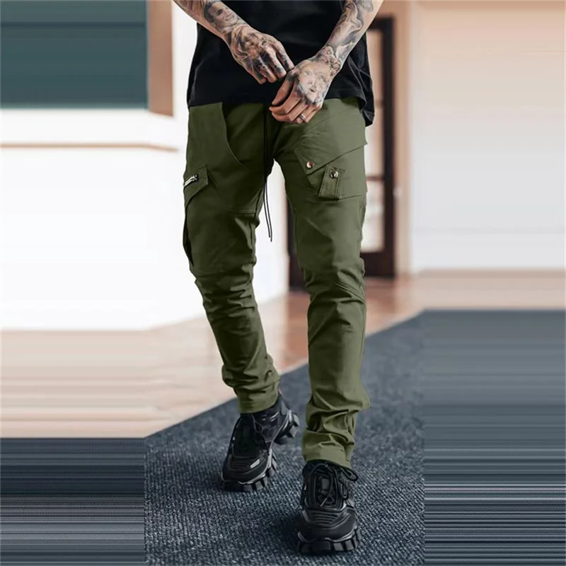 Calça de harém de bolso lateral masculina com zíper, preta, hip-hop, corredores casuais masculinos, moda streetwear, 2022