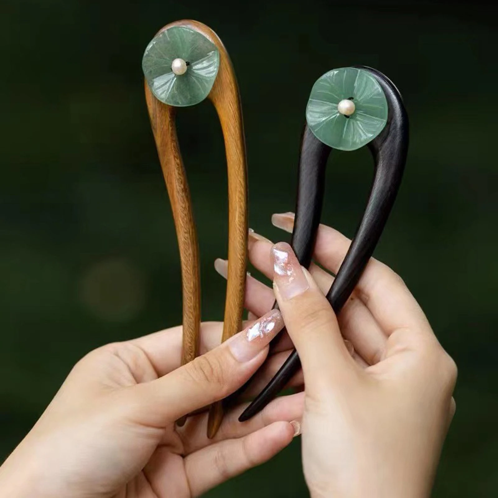 U Shape Simple Women\'s Hairpin New Chinese Style Jade Lotus Leaf Wooden Hair Stick Elegant Vintage Hanfu Hair Accessories