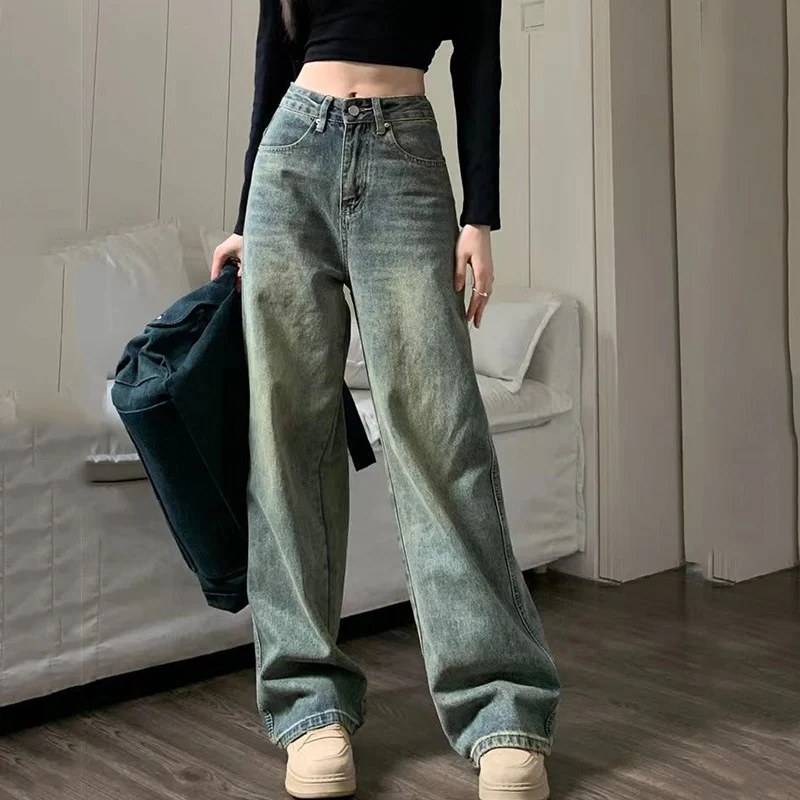 

Rimocy Vintage High Waist Straight Jeans Women 2024 Spring Wide Leg Cargo Pants Woman Streetwear Chic Loose Denim Trousers Mujer