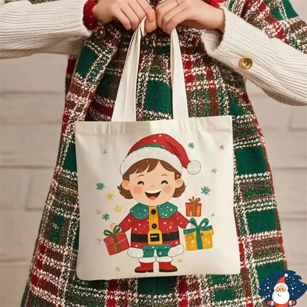 New Christmas Canvas Bag Large Capacity Cartoon Pattern Shoulder Bag Casual Handbag image 5