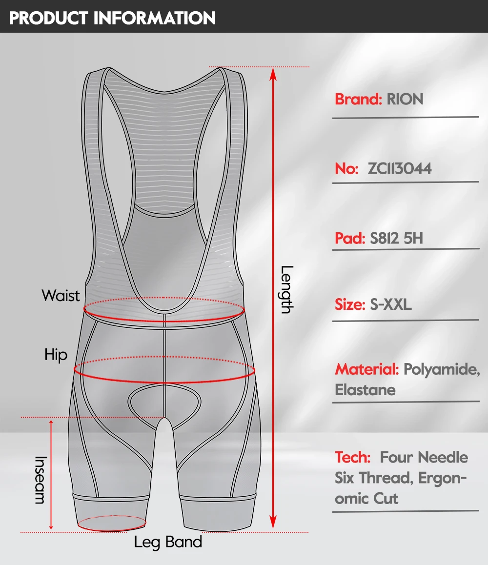 RION Herren Radsport-Trägerhose Gepolsterte Tights Rennrad MTB Fahrradbekleidung Atmungsaktive 5H Reithose Outdoor-Sportausrüstung – Detail 2