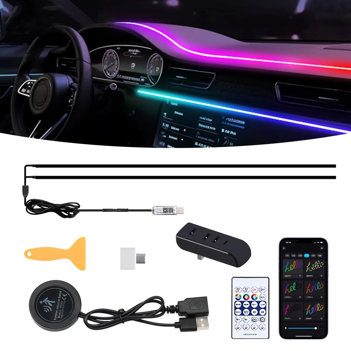 Car Interior Ambient Light Symphony App Automatic OFF Module 30 Seconds USB Expansion Dock 110cm Strip For Tesla Model 3 Y S X