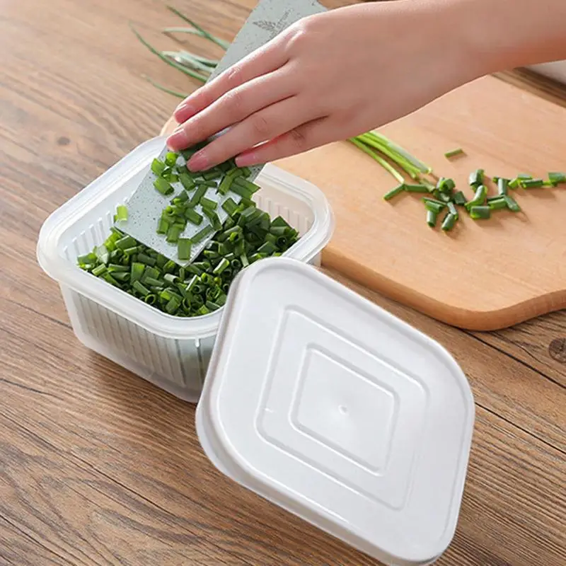 Kitchen Scallion Storage Box Double Layer Refrigerator Fruits Drainage Box With Lid Onions Ginger Garlic Sealed Box For Snacks