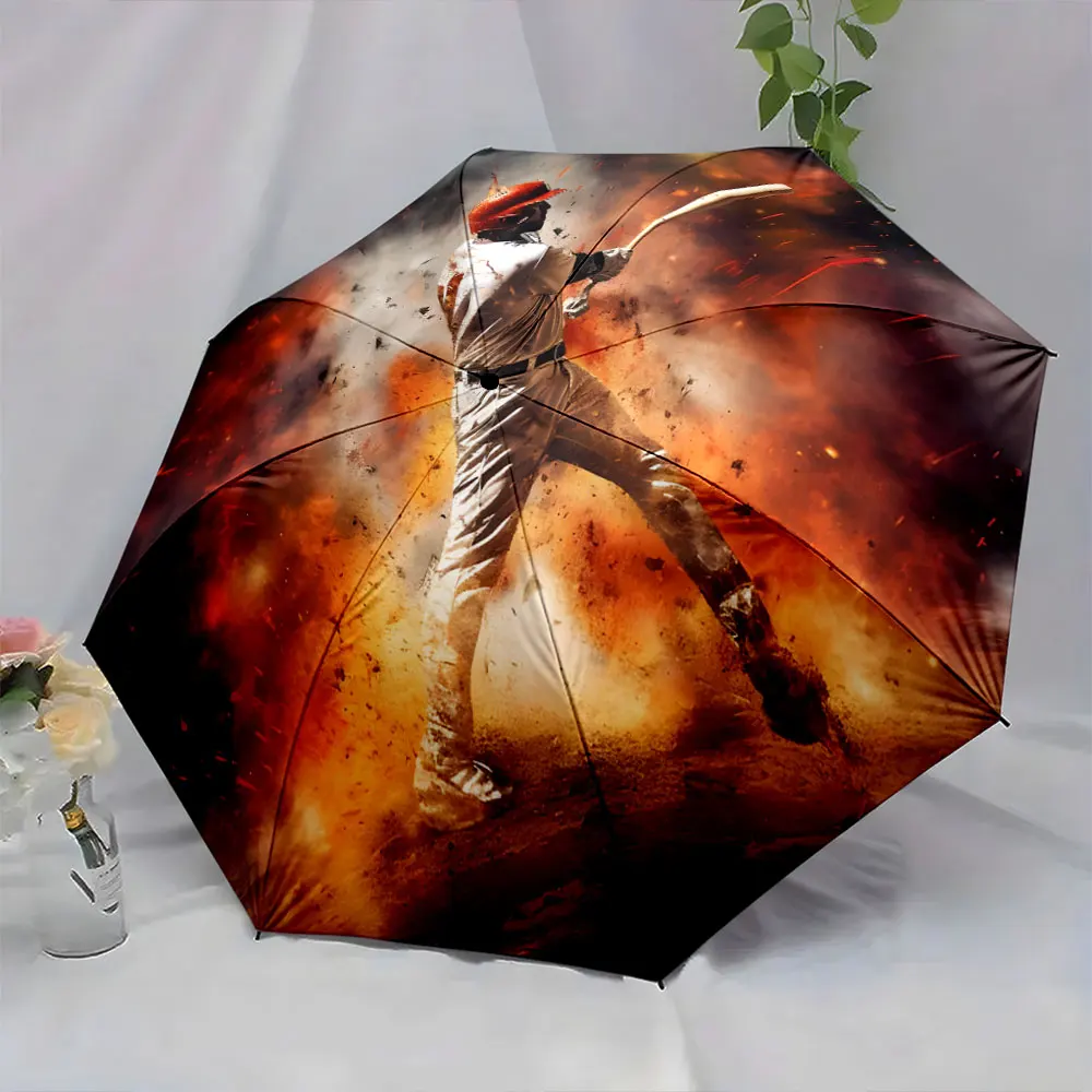 1PC Fiery Baseball Design Umbrella for Sports Enthusiasts Print 8 Iron Ribs Folding Umbrella Auto-Open Fashion Sunshade