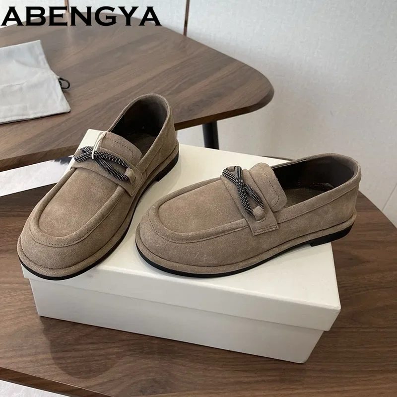 

Spring Autumn Women's Loafers Suede Leather String Beading Flat Casual Shoes For Women Round Toe Slip On Walk Shoes Ladies Mules