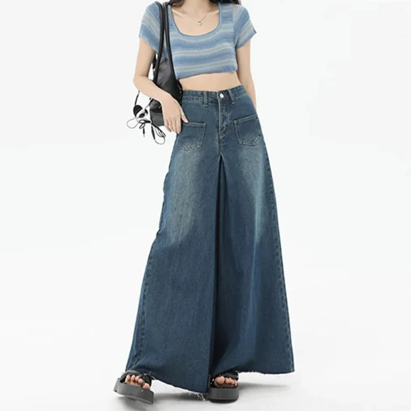 Jeans a gamba larga retrò a vita alta da donna primavera autunno pantaloni larghi a gamba dritta da pavimento Streetwear