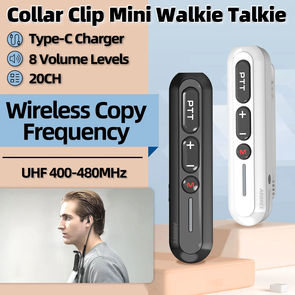 ABBREE AR-W5 Klips na szyję Mini Walkie Talkie Bezprzewodowe Kopiowanie Częstotliwości 8-stopniowa Regulacja Głośności 20-kanałowe Radio UHF z Ładowarką Type-C i Funkcją Głośnomówiącą