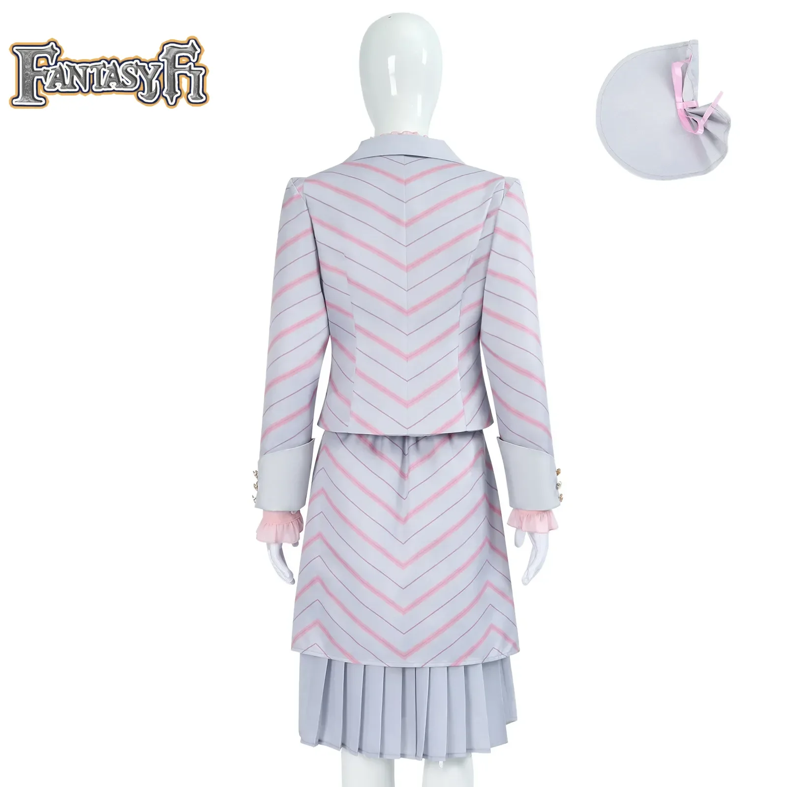 女性のハロウィーンパーティーのコスプレ衣装,赤い縞模様のコート,スカート,ピンクのシャツ,ロールプレイングスーツ