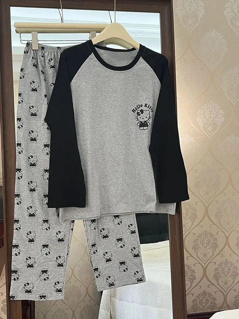 Kawaii Hello Kitty Pajamas Sanrio Women Round Neck T-Shirt Long Pants Home Set Cute Y2K Dormitory Casual Fall Wear Girl Gift