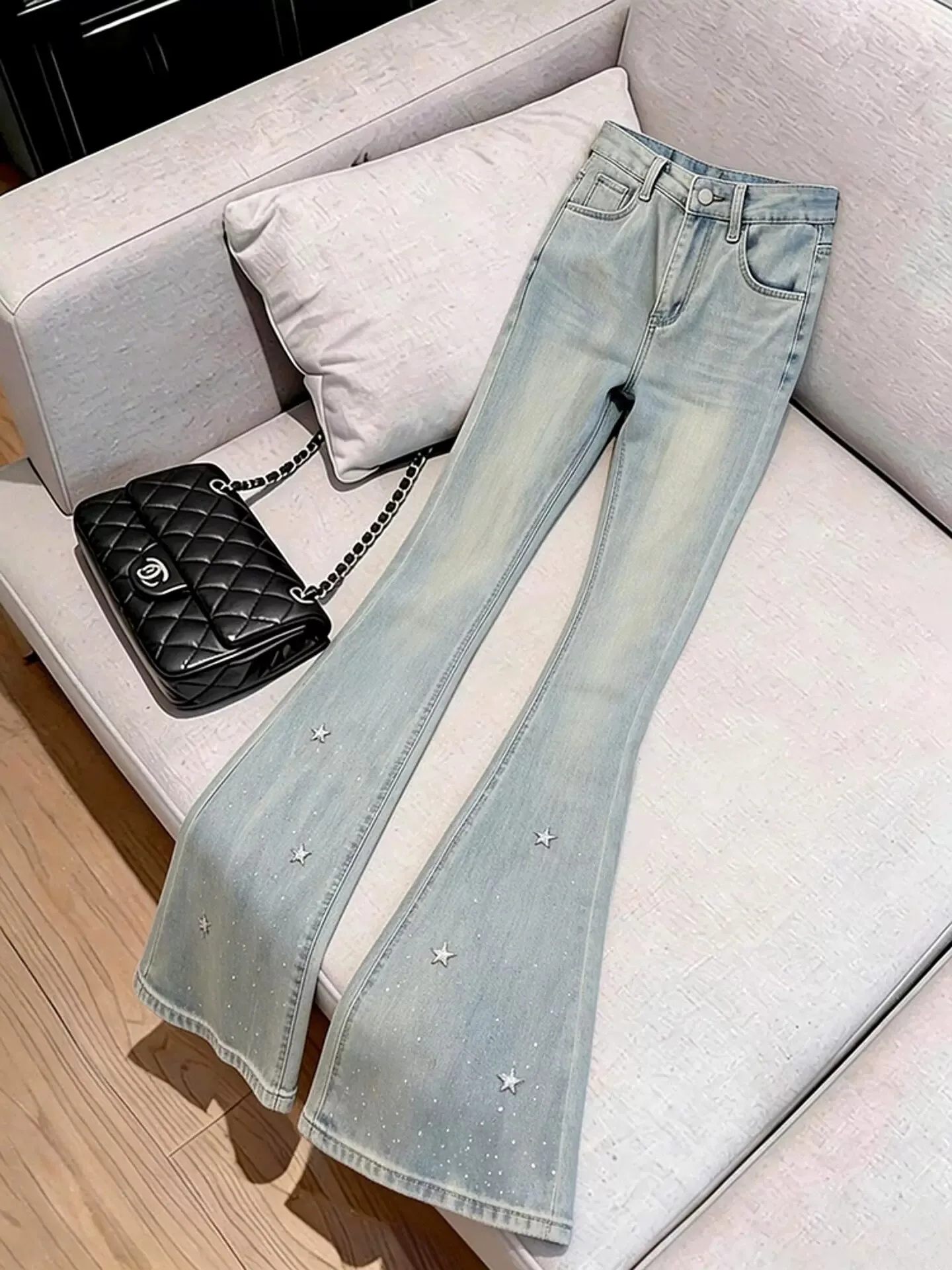 

Elegant Light Blue Denim Jeans Women's High Waist Slim Fit Elastic Micro Flared Pants Glittering Star Rhinestones Summer Fashion