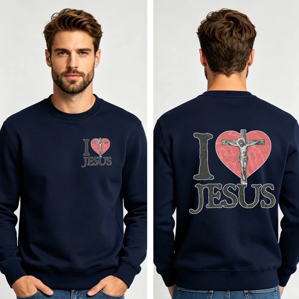 Men I Love Jesus Heart Crucifix Double Sided Crewneck Sweatshirt Retro Distressed Christian Religious Loose Pullover Sweatshirt