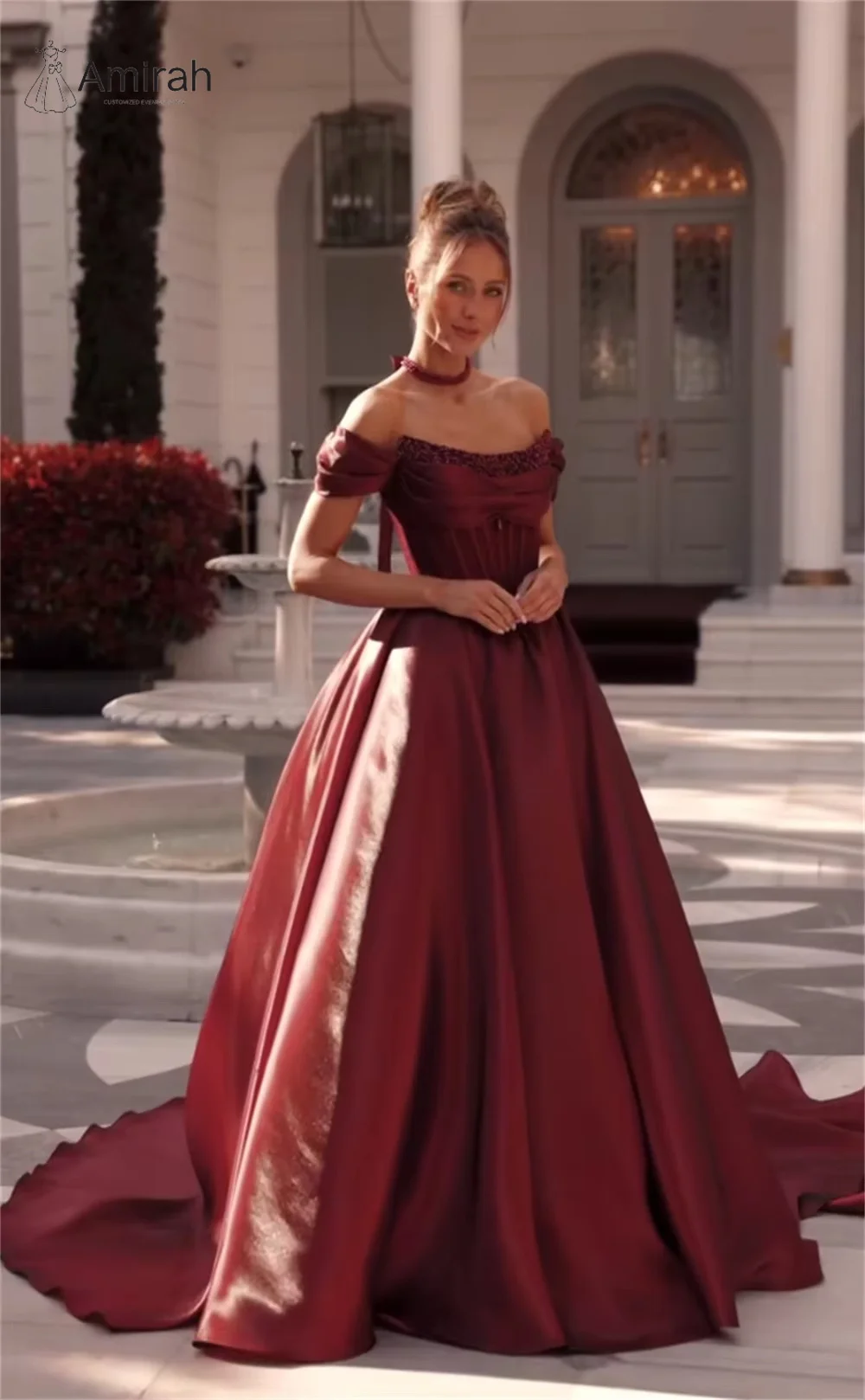 Amirah Line A Long Tail Gala Dress Burgundy Red Evening Dresses Woman Elegant Dresses for Special Event Custom Made Ball Gowns