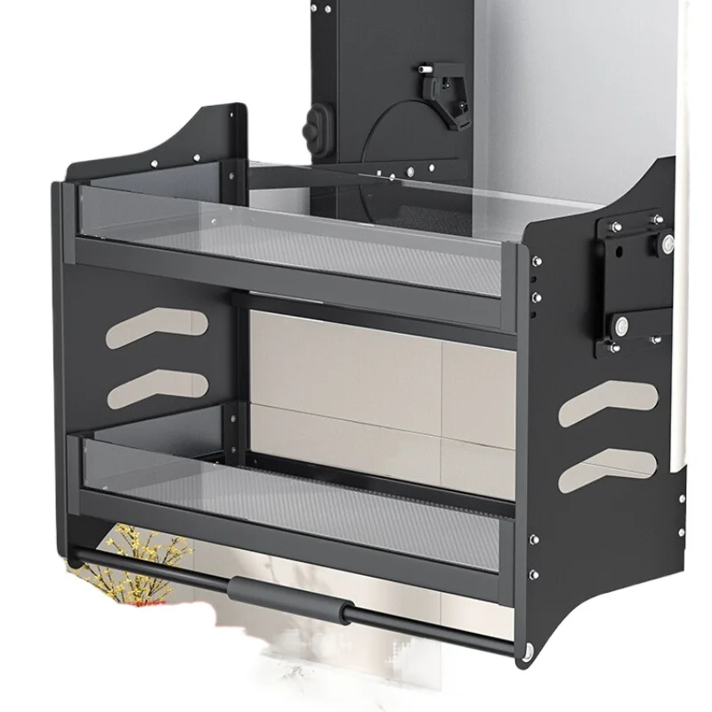 

Kitchen hanging cabinet lift basket Space aluminum drop-down cabinet pull basket Open door seasoning basket Shelf damping