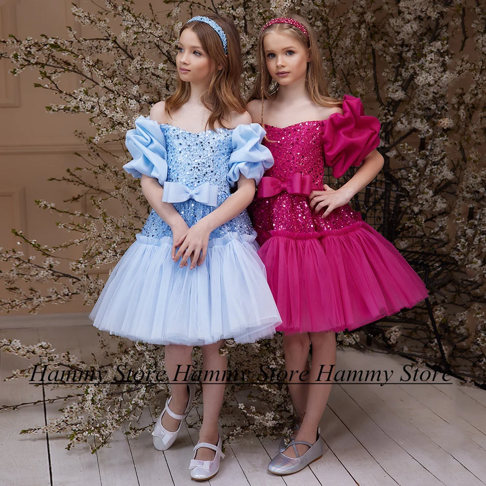 

Princess Flower Girl Dress Short Sleeves Boat Neck Beading Sequin Bow A Line Little Girls Party Dresses Birthday Communion Gown