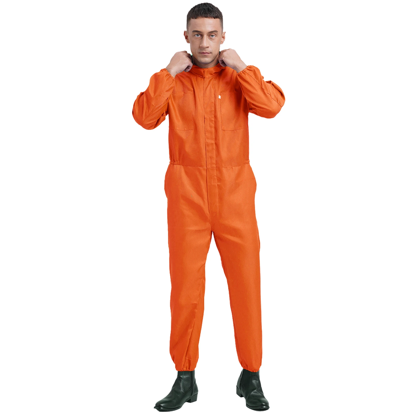 Mens Lightweight Hooded Coverall Jumpsuits Half Zipper Dustproof Long Sleeve Work Wear Uniforms Work Overalls Mechanics Workwear