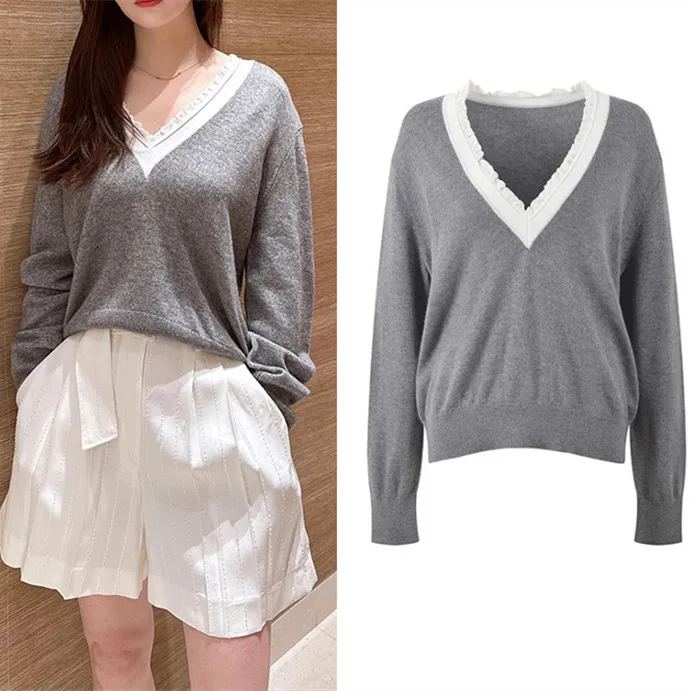 

Ele V-Ne Long Sve Knitwear ey Casual High-End Version with Wood ain for Women Spring Season ort Length