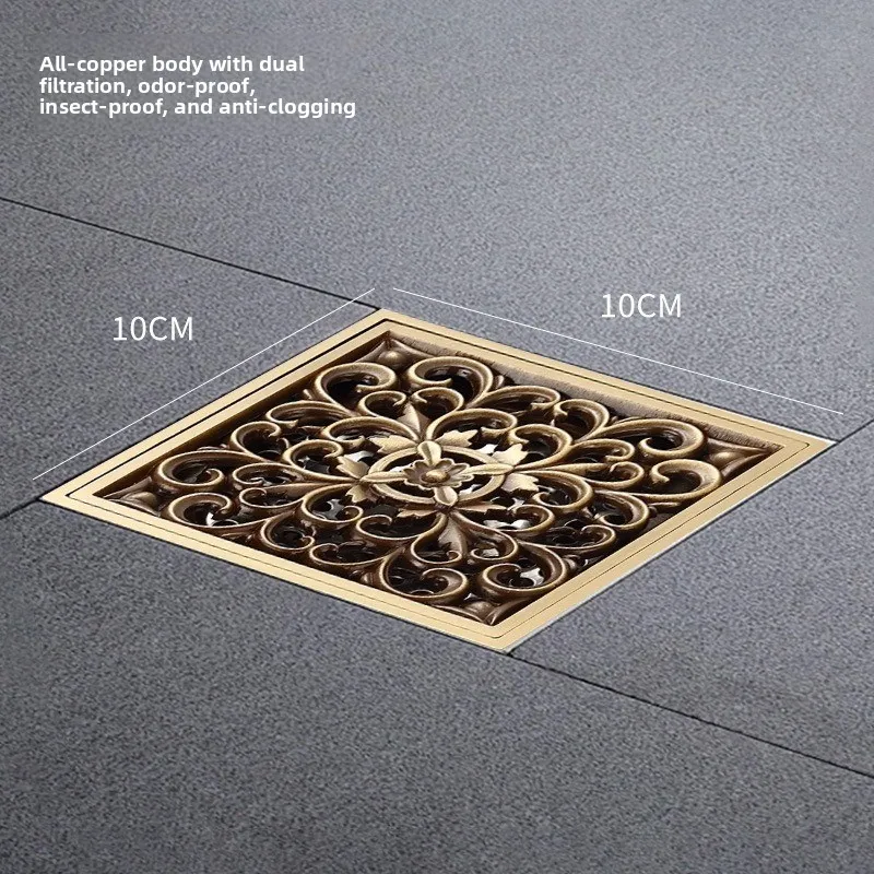 European Vintage Antique Brass Square Floor Drain 10cm Anti Odor Insect Proof Bathroom Shower Waste Grate