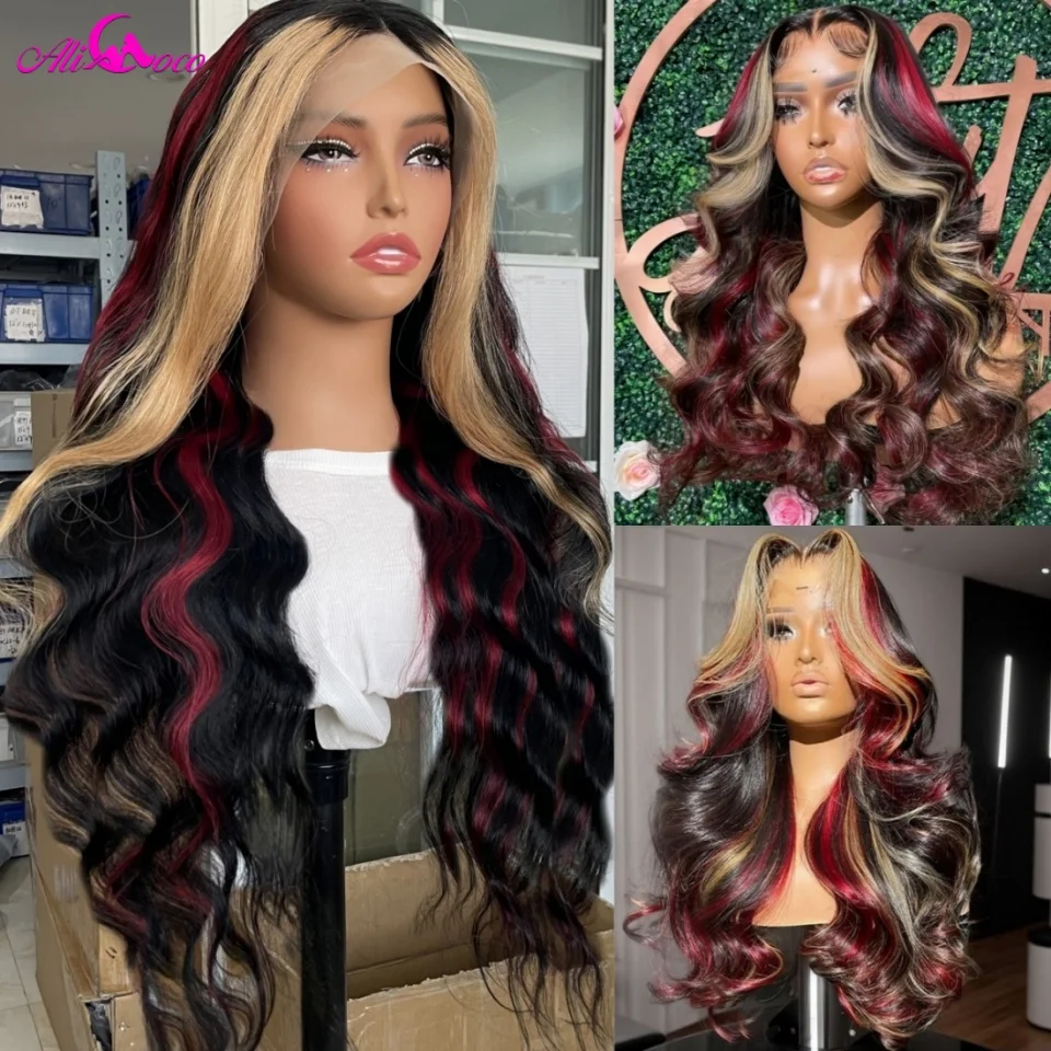 

180 Density Black Red Blonde Highlight Human Hair Wig Blonde Red Highlights 13X4 HD Lace Front Balayage Wigs Human Hair