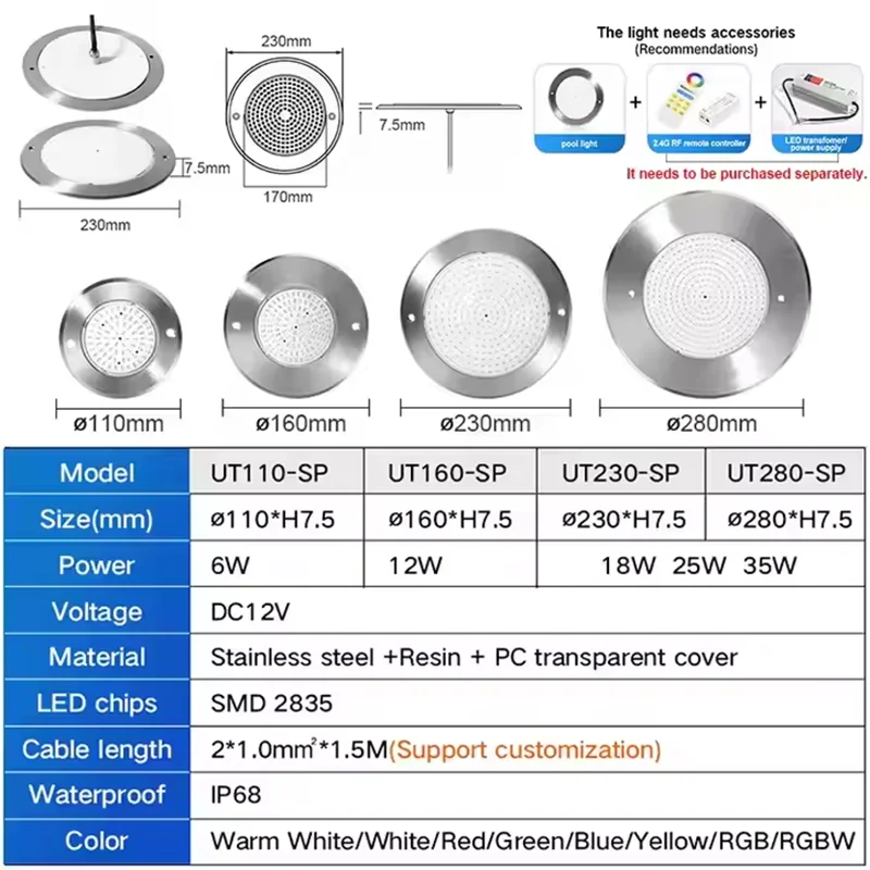 RGB Pool Projector LED 6W 12W 18W 24W 35W Tuya WIFI APP Stainless Steel Resin Filled Waterproof IP68 Flat Surface Mounted