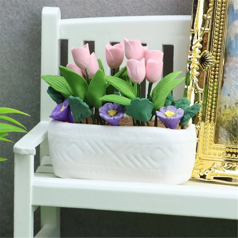 1/12 Scale Dollhouses Plant Miniature สีชมพูดอกไม้ Pretend Play สำหรับตุ๊กตาเด็กบ้านโรงงานสำหรับ Dollhouses A2UB