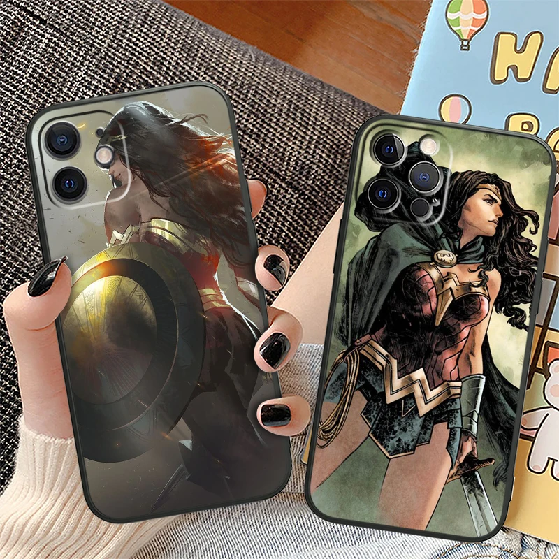 Cute Wonder Woman For Apple iPhone 15 14 13 12 Mini 11 XS XR X 8 7 Pro Max Plus Soft Silicone Black Phone Case